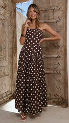 Lyra Maxi Dress - Brown/White Polka Dot