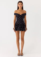 Endless Romance Off Shoulder Mini Dress - Black Polkadot