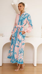 Lucia Long Sleeve Maxi Dress - Aqua/Pink Print