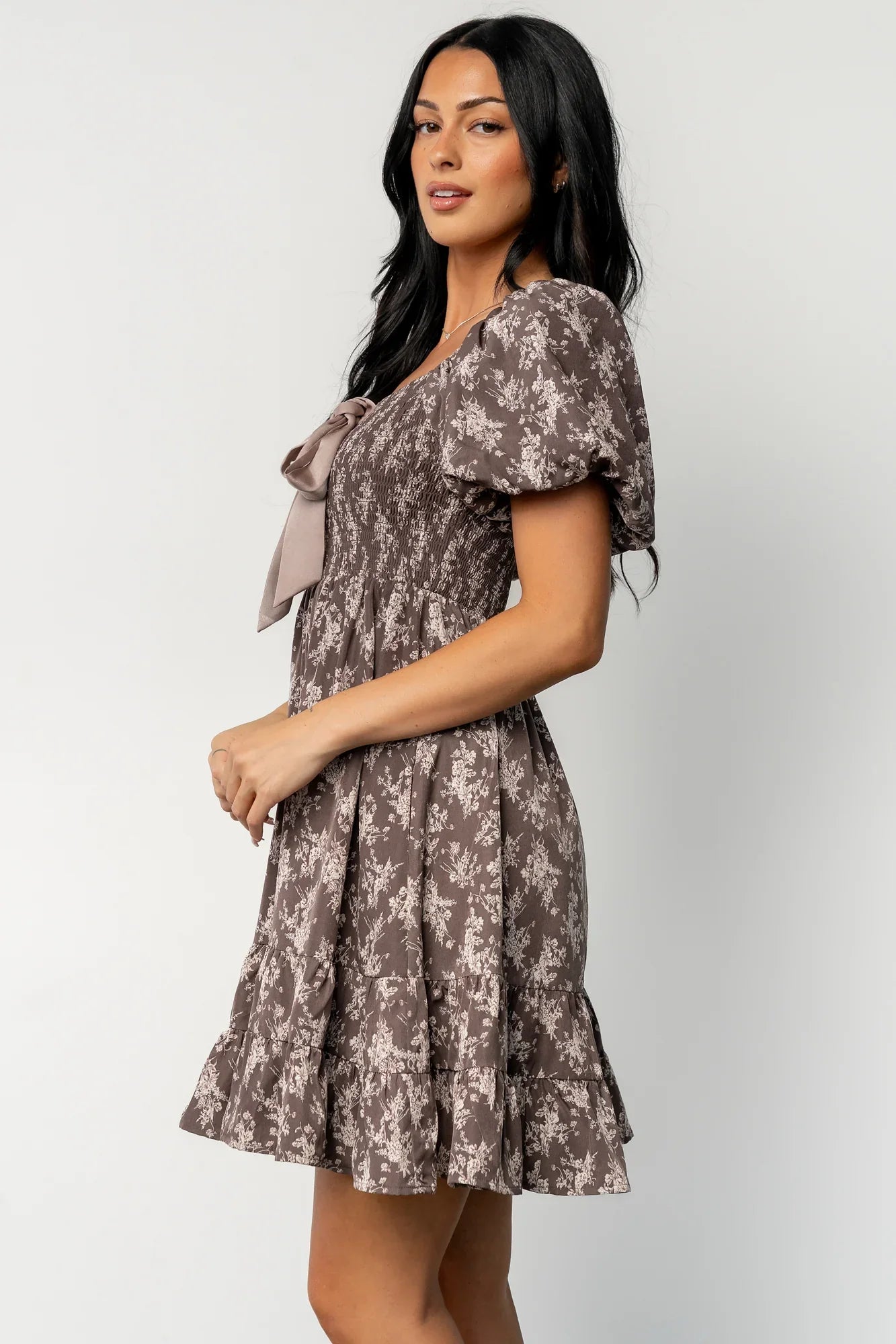 Anastasia Bow Short Dress | Dusty Clove Print