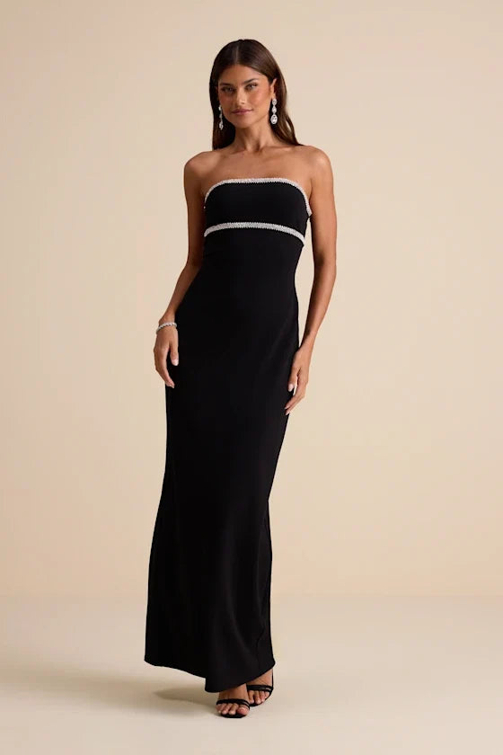 Kassine Black Rhinestone Cutout Strapless Maxi Dress
