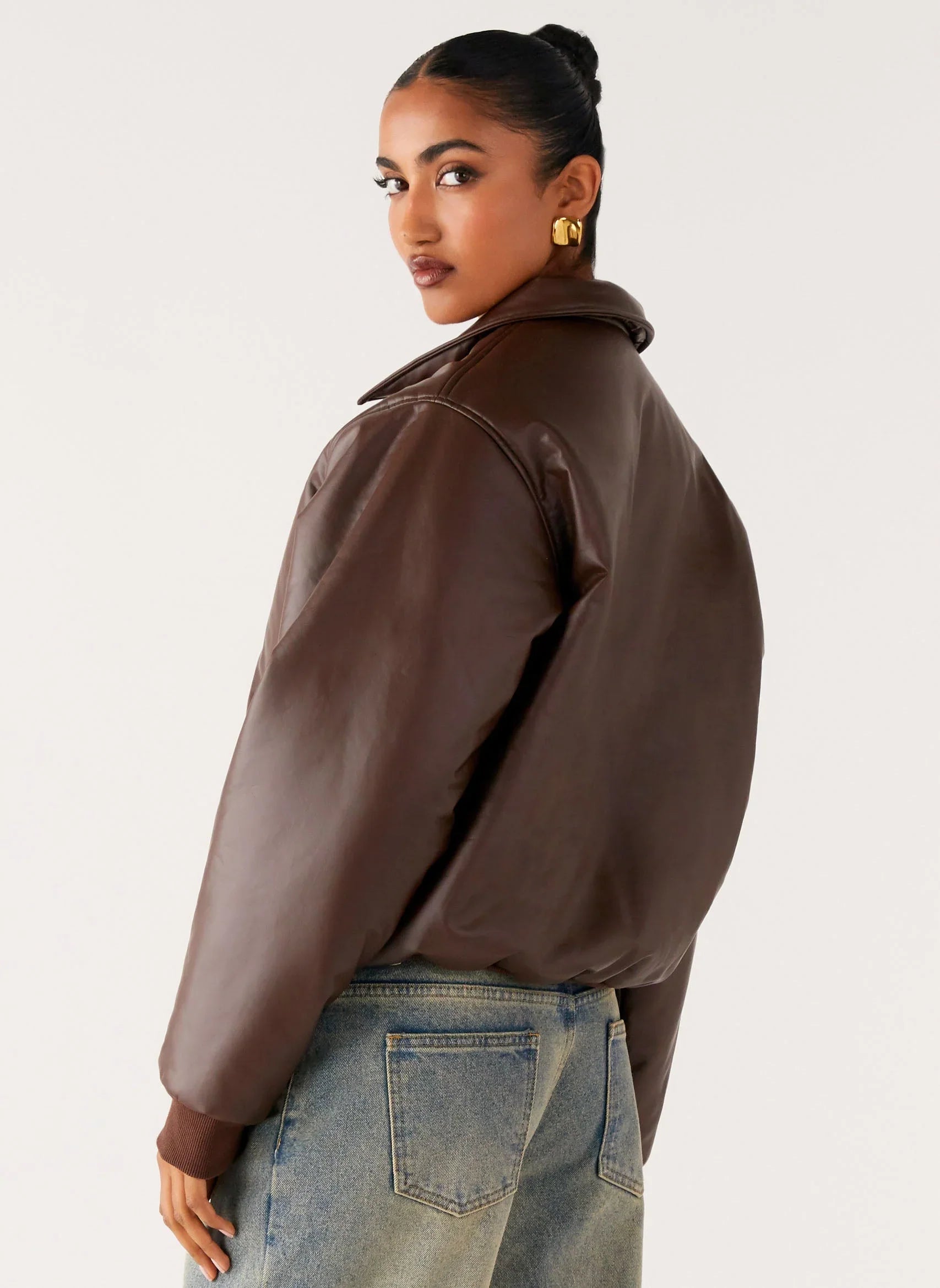 Outlands Faux Leather Bomber Jacket - Chocolate