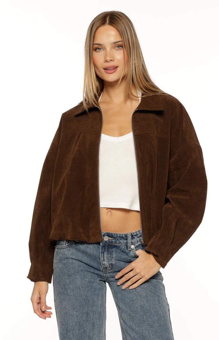 Brookie Brown Suedette Cuff Sleeve Bomber Jacket
