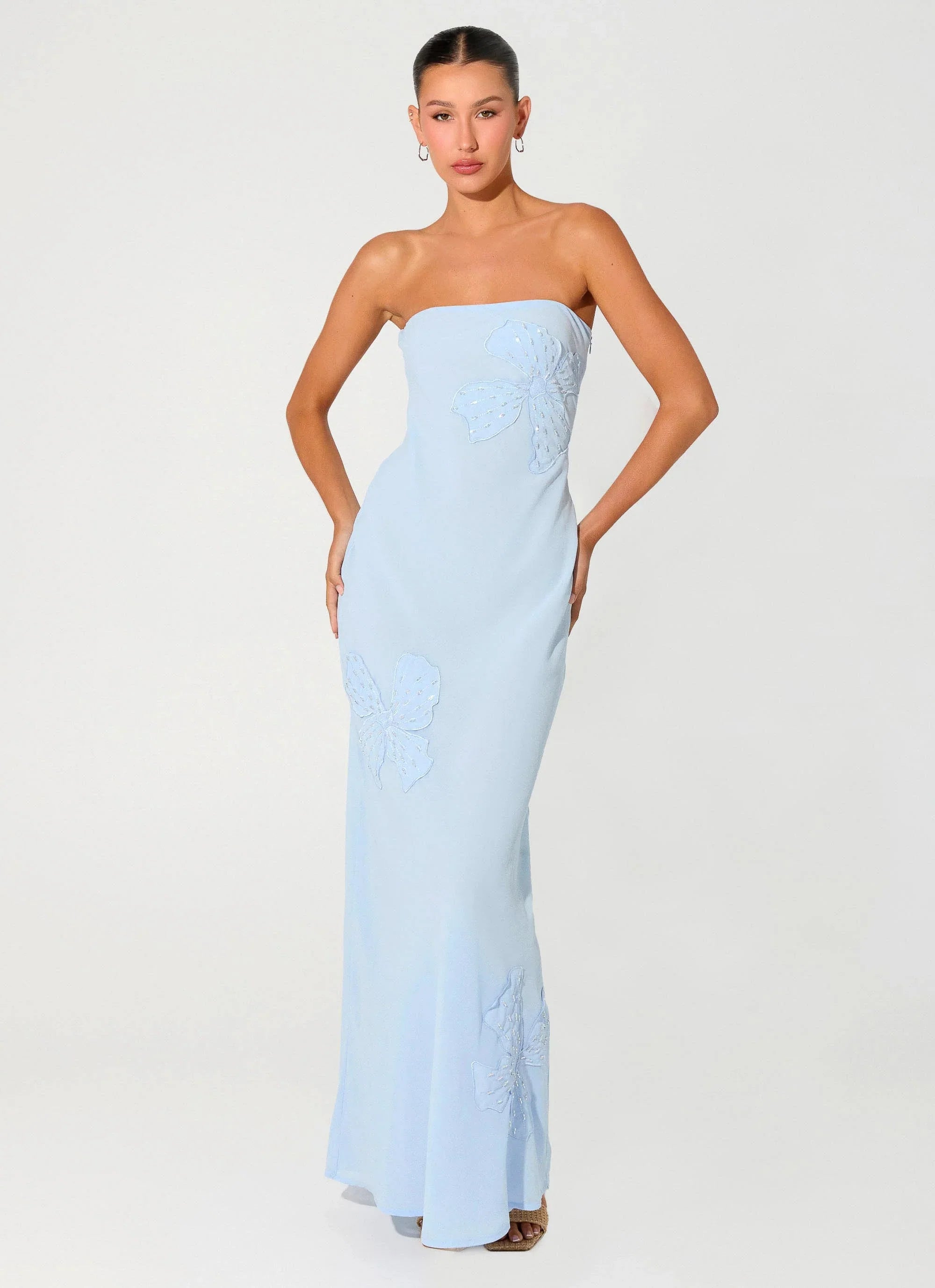 Sassafras Beaded Flower Strapless Maxi Dress - Blue