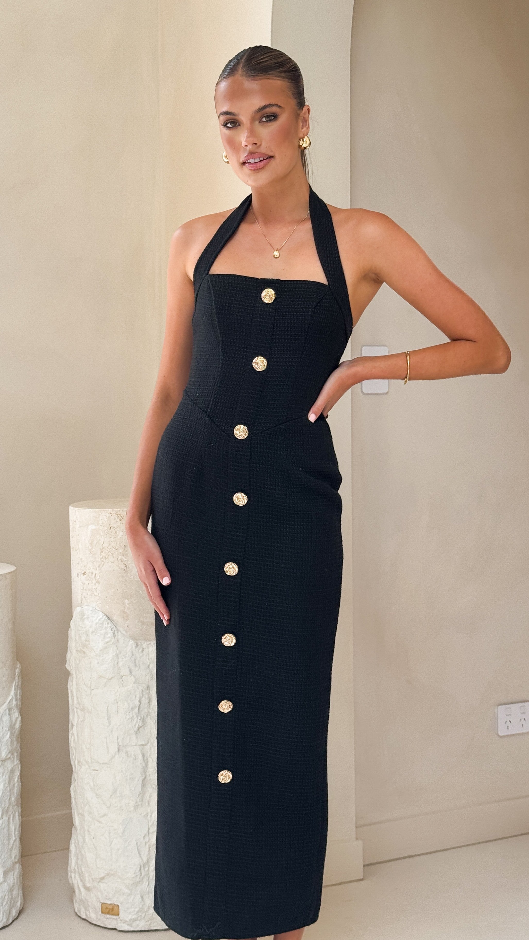 Tierra Button Midi Dress - Black
