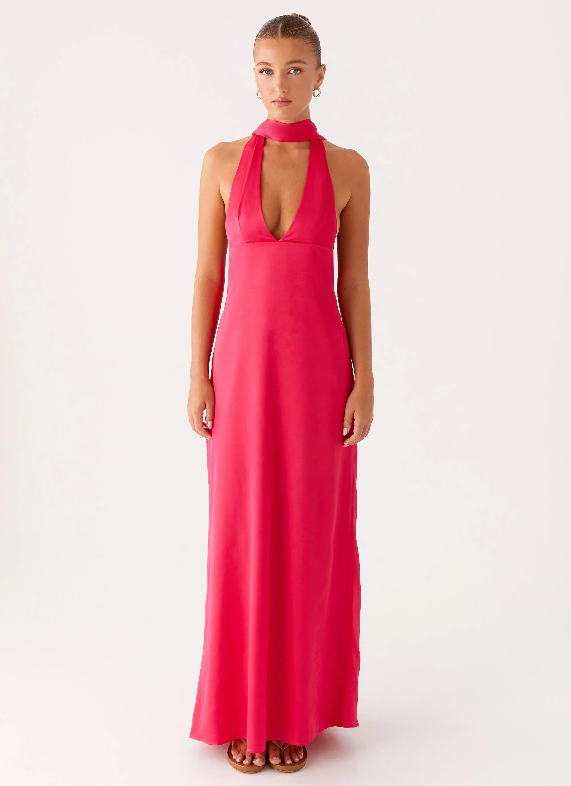 Alicia Satin Halter Maxi Dress - Fuchsia