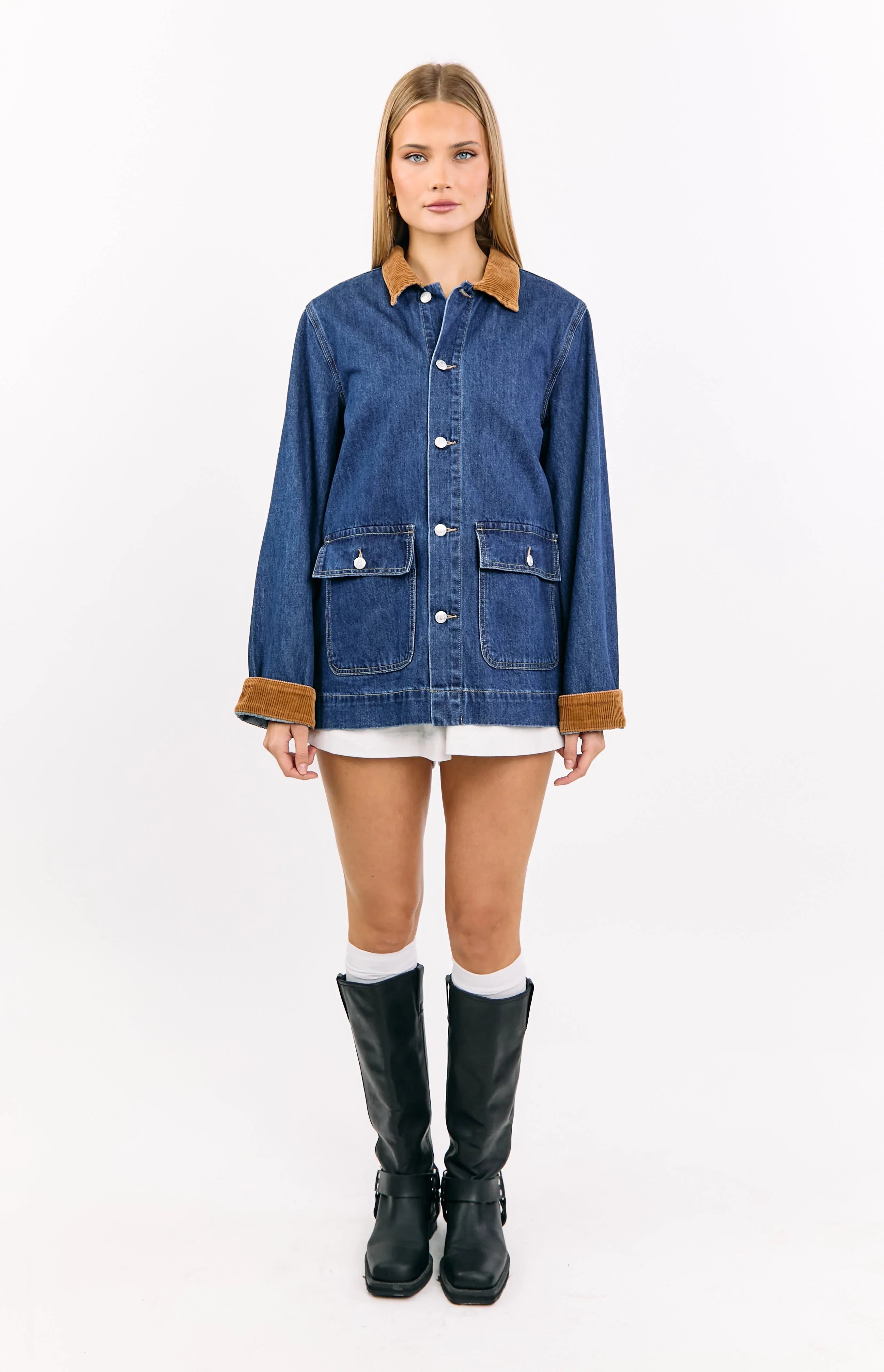 Hendrick Mid Wash Denim Cord Trim Oversized Jacket