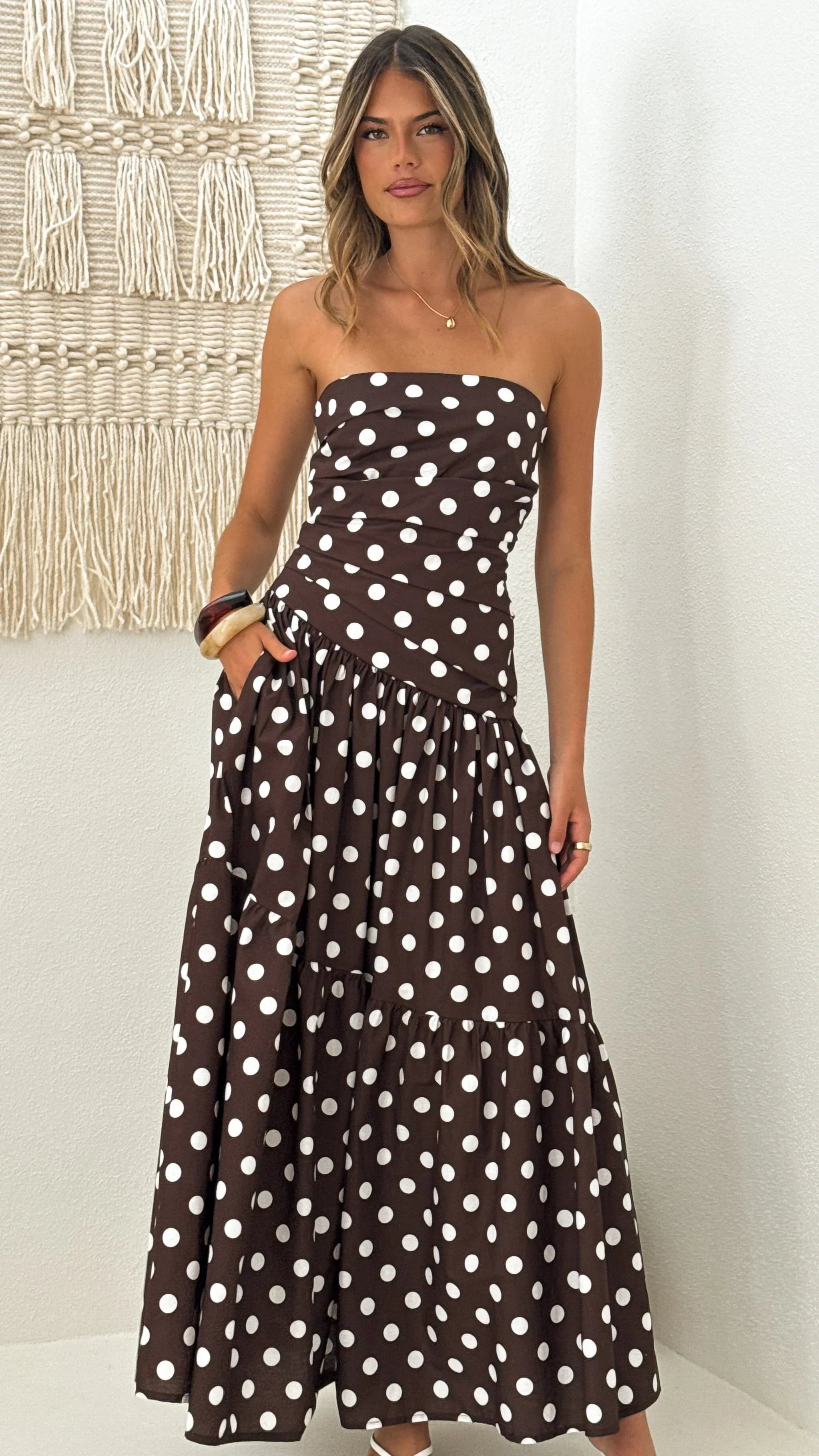 Lyra Maxi Dress - Brown/White Polka Dot