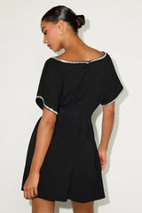 Dessen Black Rhinestone Trim Short Sleeve Mini Dress