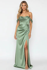 Silken Starlet Off Shoulder Satin Maxi Dress Olive