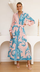 Lucia Long Sleeve Maxi Dress - Aqua/Pink Print