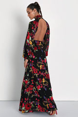 Graceful Arrival Black Floral Burnout Backless Maxi Dress