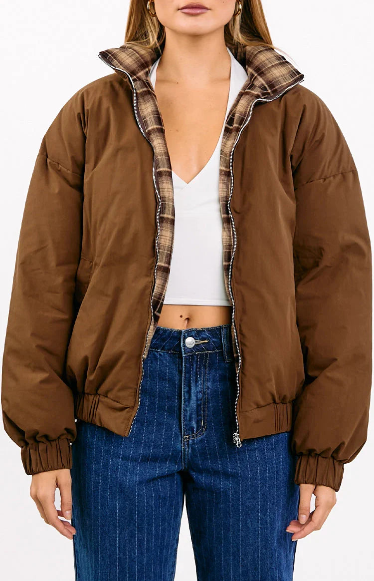 All I Wanted Brown Plaid Puffer Jacket