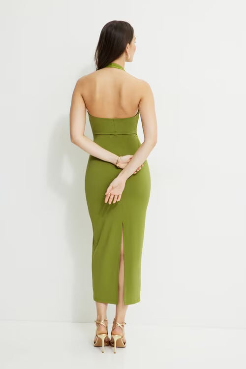 Sculpt Plunging Halter Maxi Dress-Guacamole Green