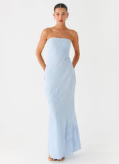Sassafras Beaded Flower Strapless Maxi Dress - Blue