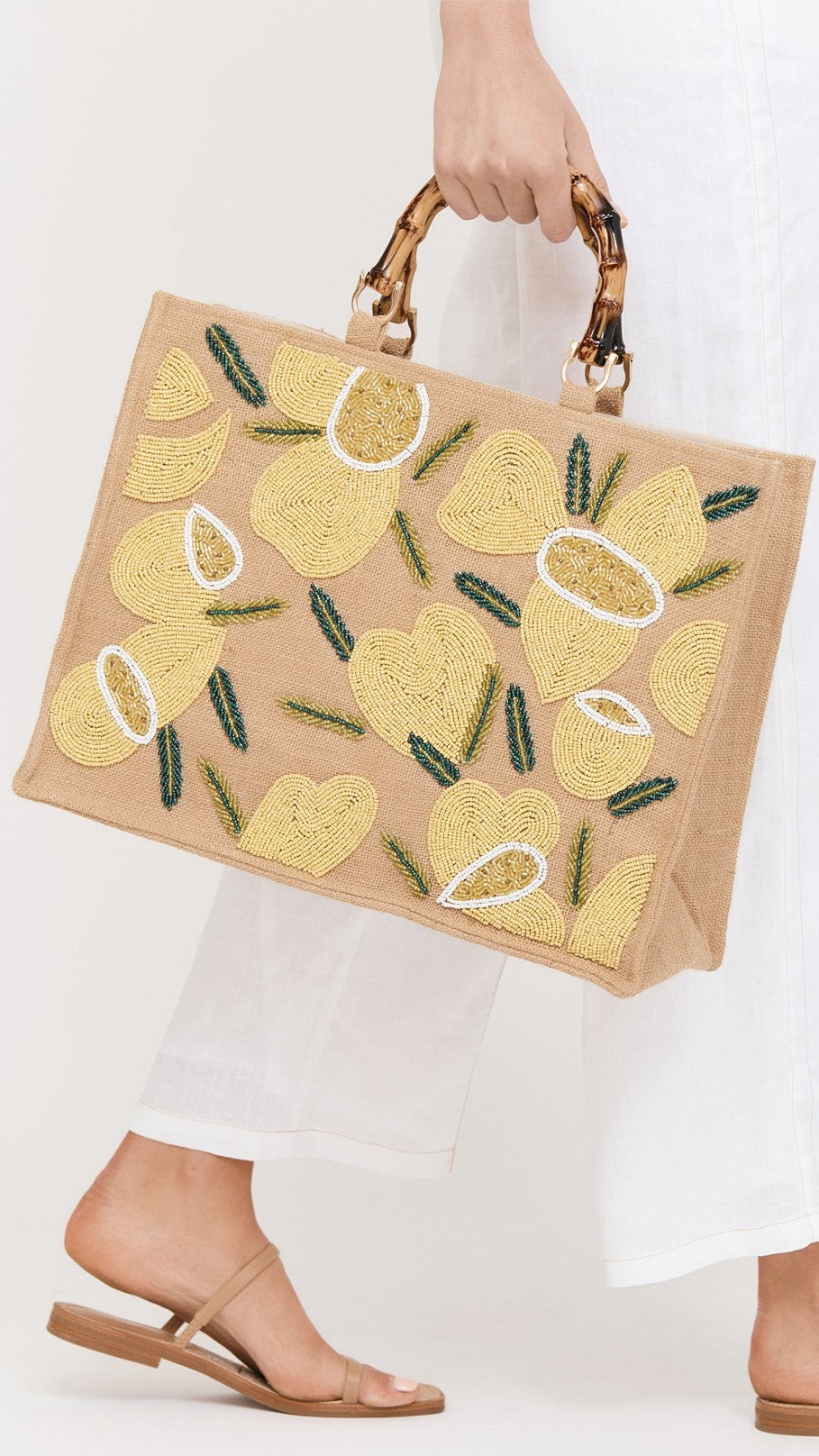 Sandie Beaded Lemon Bamboo Tote Bag - Natural / Lemon