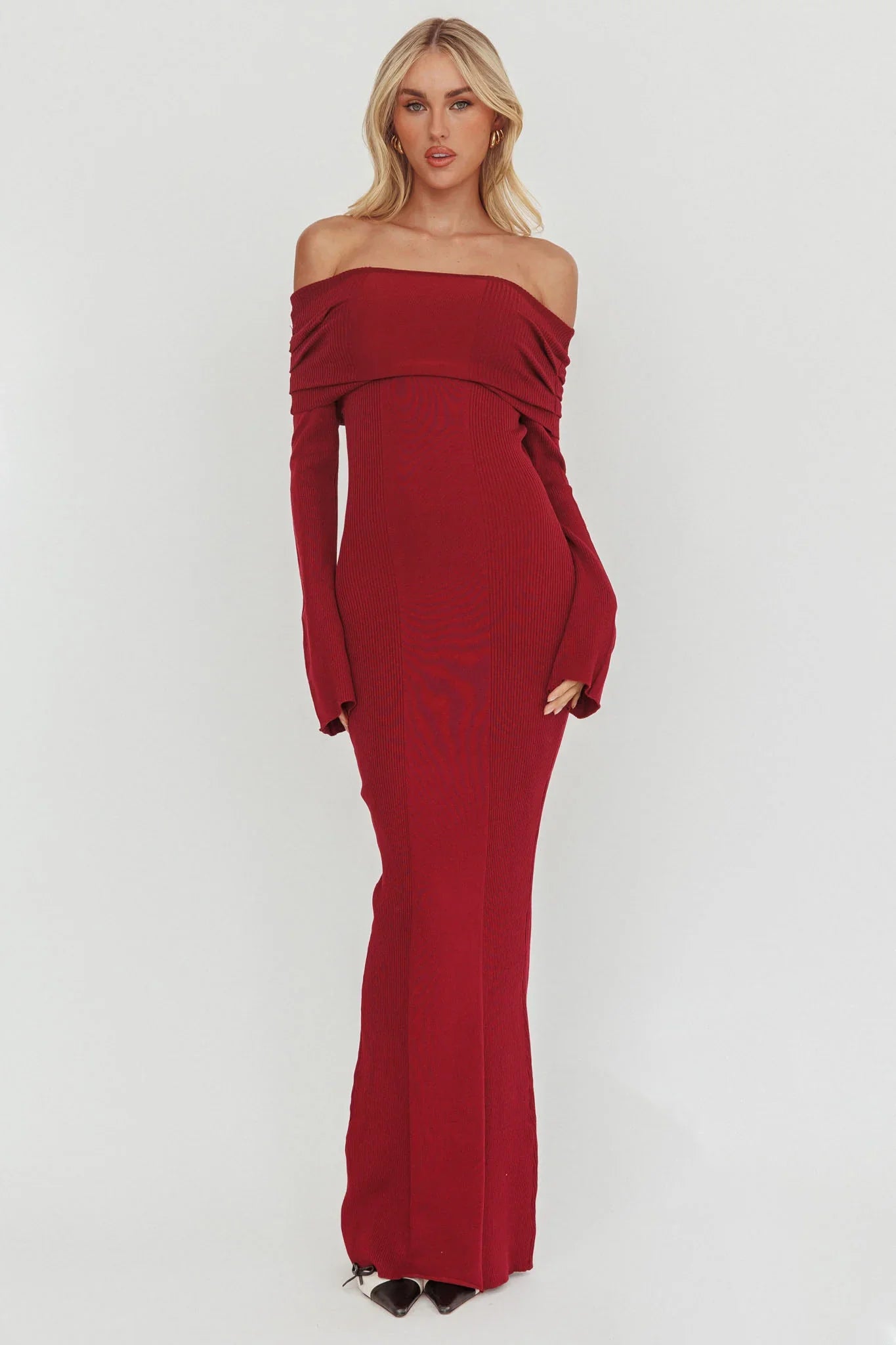 Aloura Off-Shoulder Ribbed Knit Maxi Dress Wine