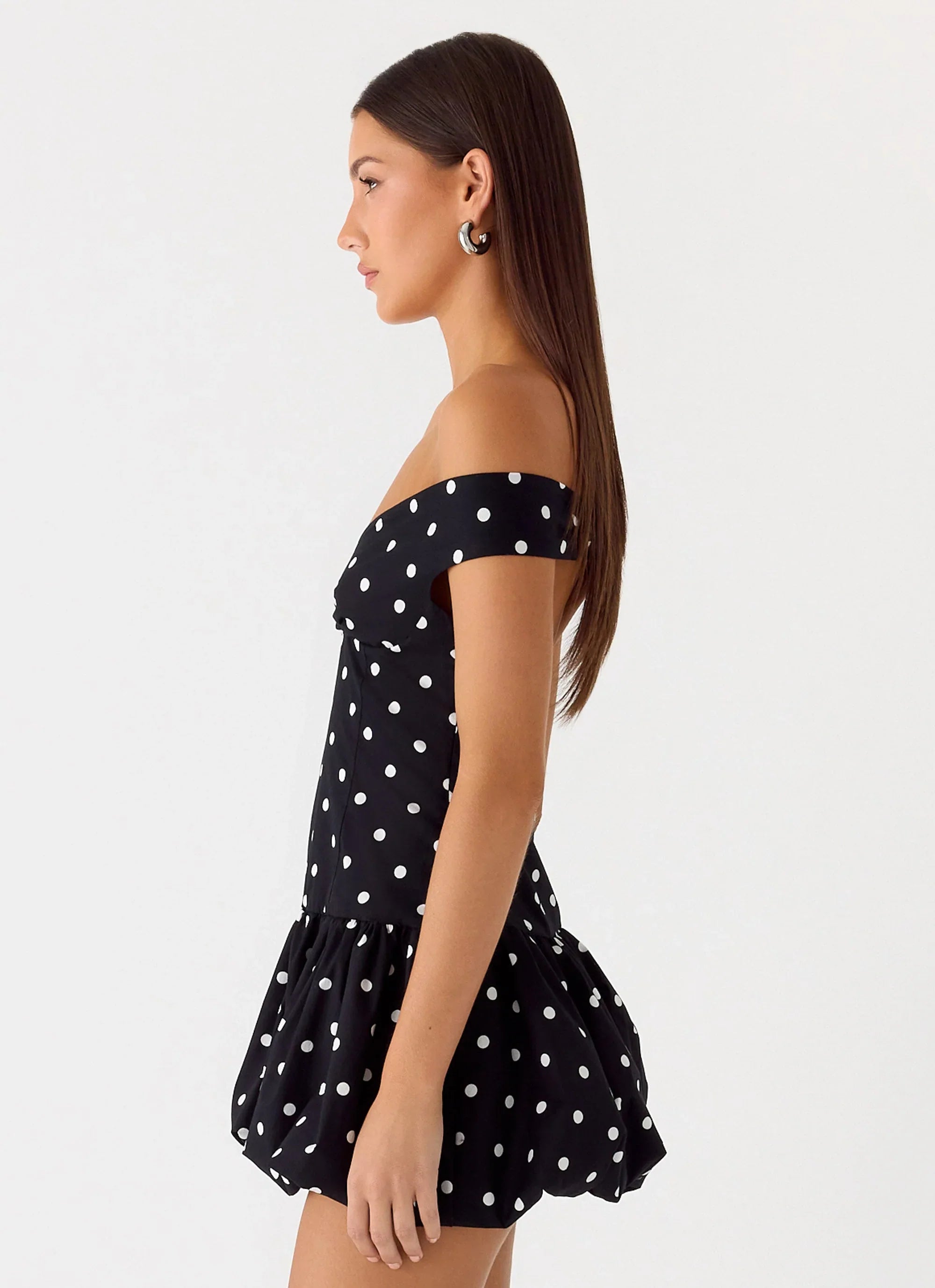 Endless Romance Off Shoulder Mini Dress - Black Polkadot
