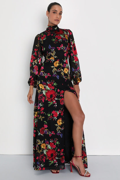 Graceful Arrival Black Floral Burnout Backless Maxi Dress