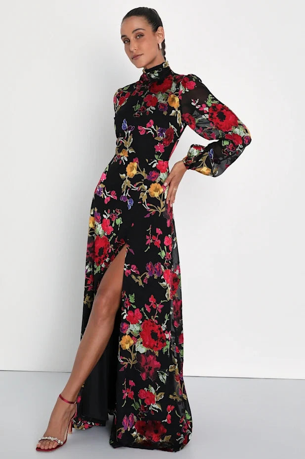Graceful Arrival Black Floral Burnout Backless Maxi Dress